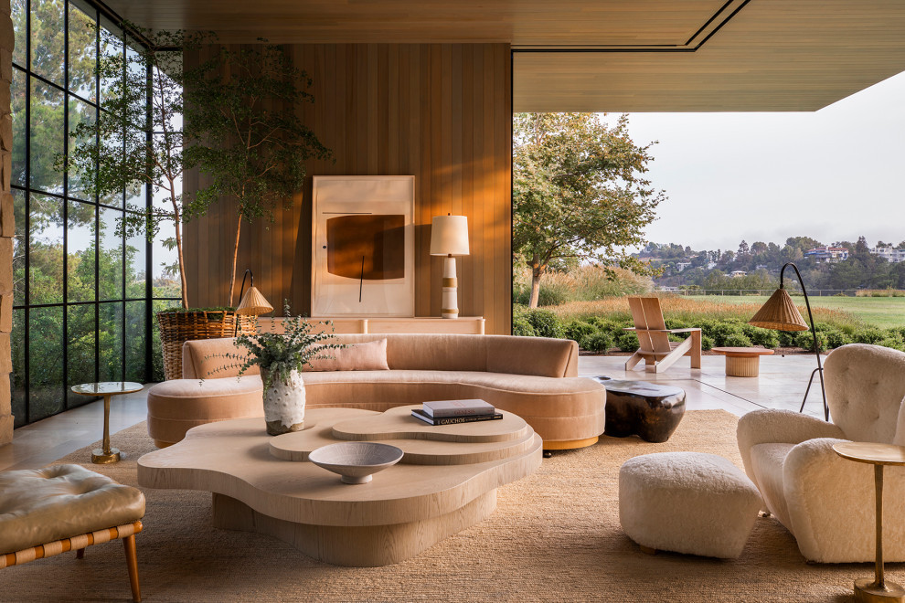 Sunlit Mid-Century Modern Living Room with Curved Design