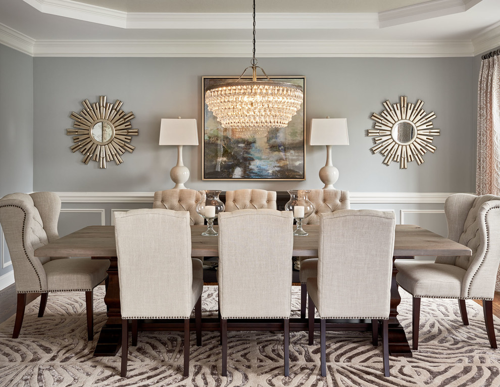 Traditional Dining Room with Crystal Chandelier & Symmetrical Mirrors
