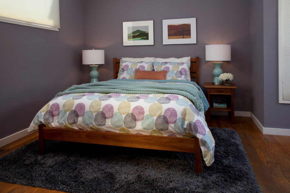 Serene Contemporary Bedroom in Rich Lavender with Patterned Bed Linens