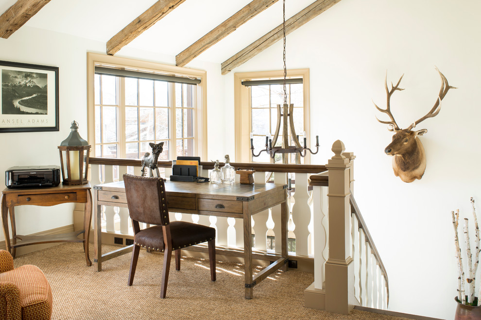 Sunlit Rustic Office with Wooden Desk & Exposed Beams