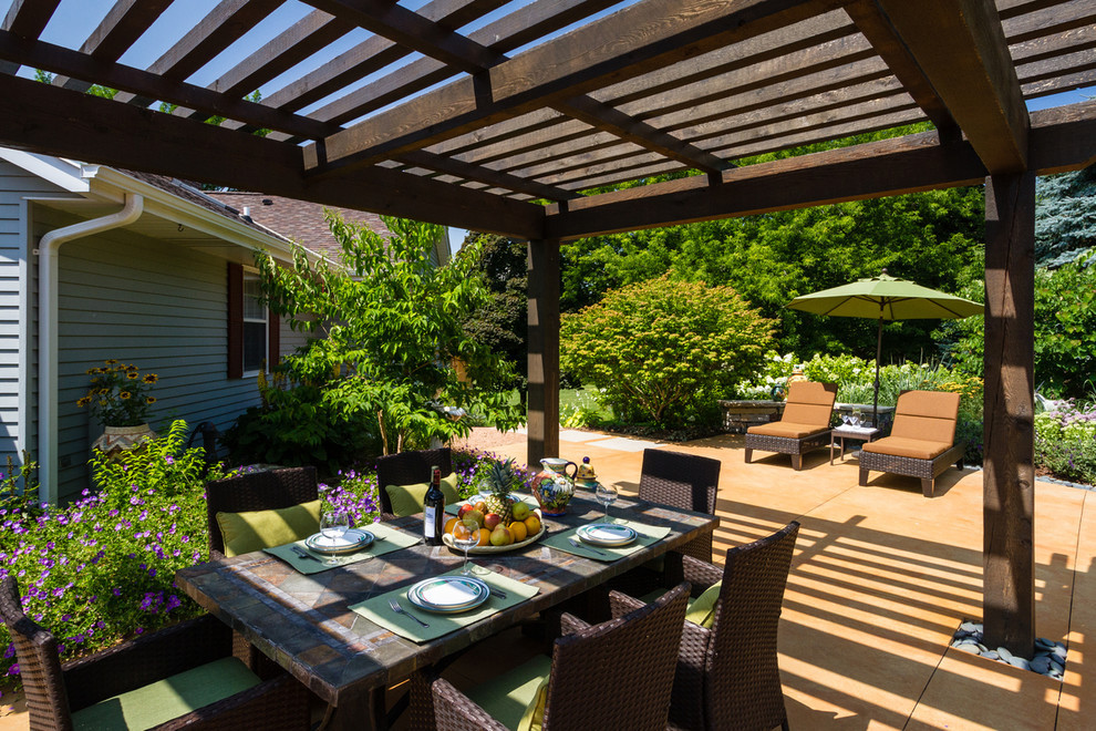 Sunlit Rustic Wooden-Pergola Patio: Dining & Relaxation Haven