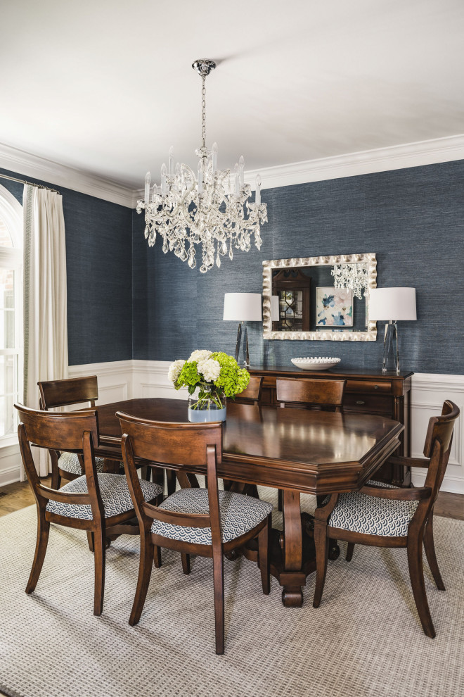 Timeless Traditional Dining Room with Crystal Elegance and Sturdy Wood Accents
