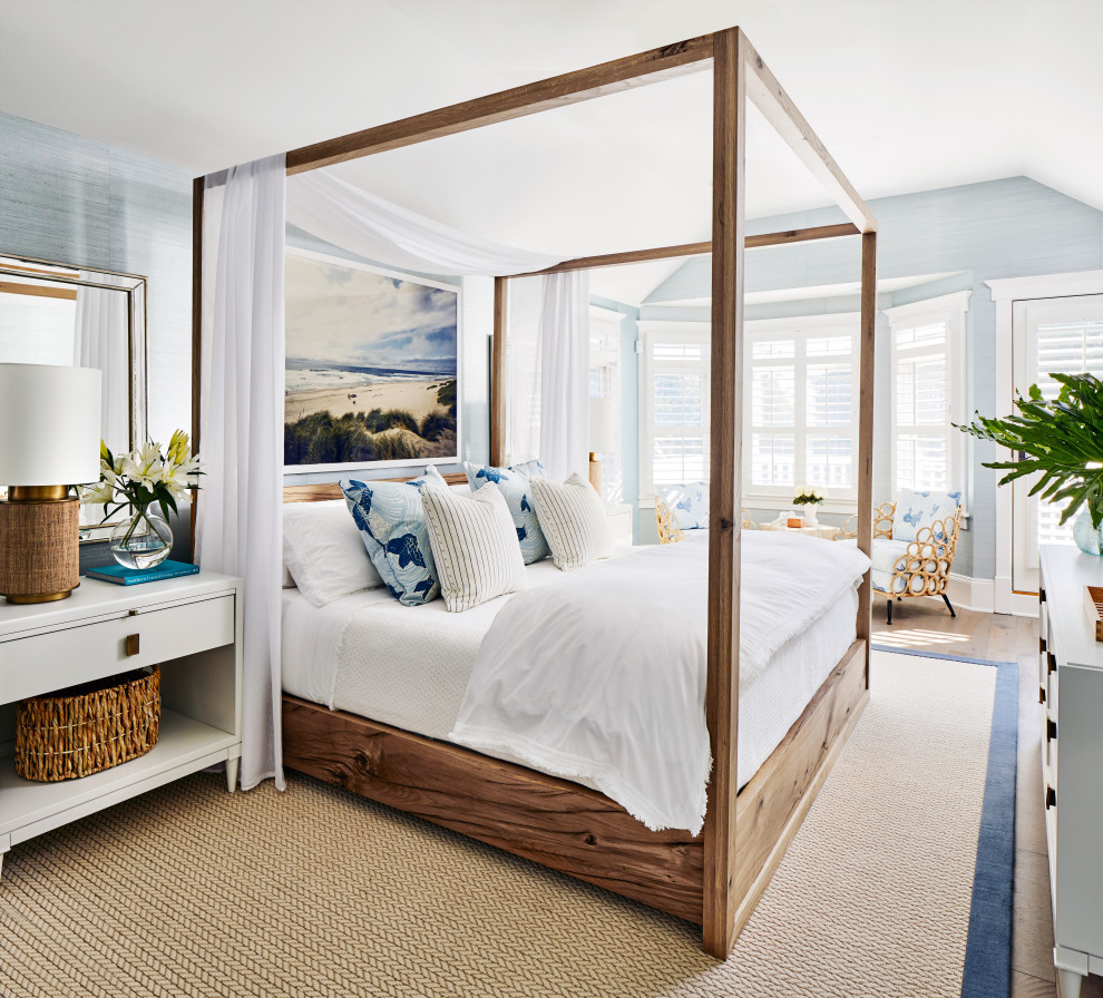 Bright Modern Coastal Canopy Bedroom with Light & Blue Accents