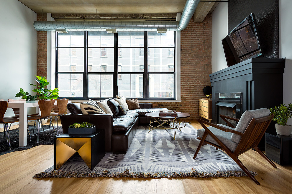 Industrial-Midcentury Living & Dining: Sunlit Brick & Vintage Wood Tones