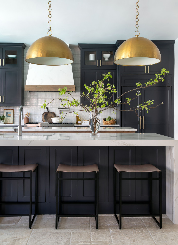 Modern Open Kitchen with Brass Pendants & White Marble Island