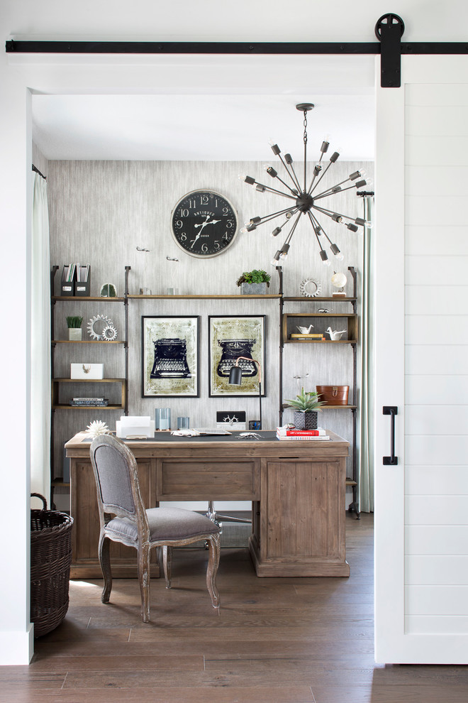 Farmhouse-Industrial Office: Rustic Workspace with Barn Door & Industrial Light
