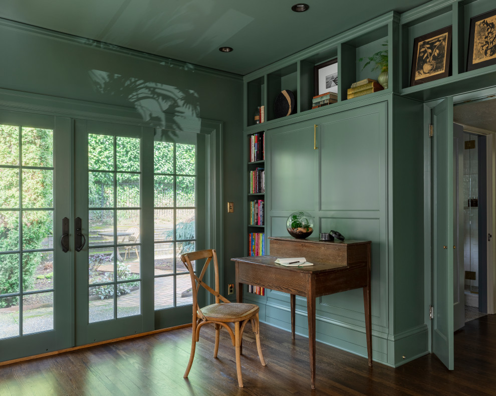 Sunlit Traditional Home Office with Built-In Shelving & Wood Tones