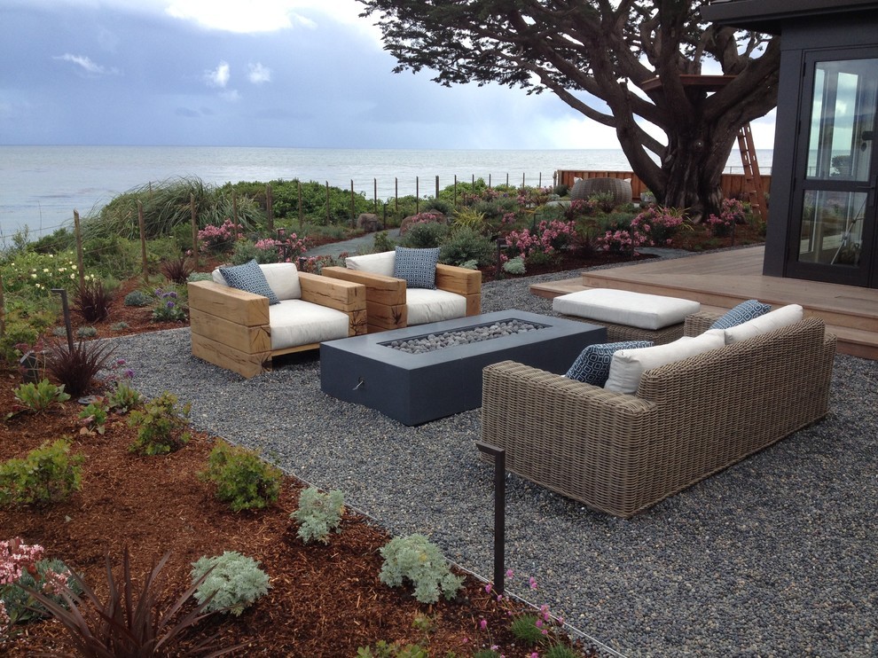 Modern Coastal Outdoor Lounge with Fire Pit & Ocean Views