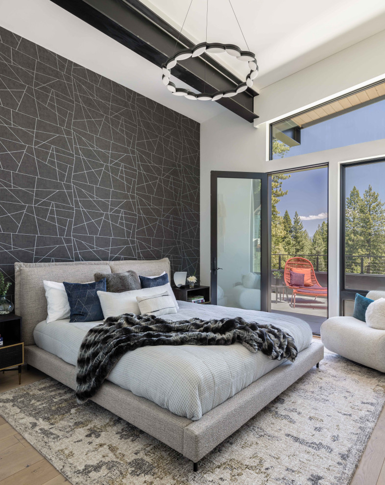 Elegant Contemporary Bedroom with Geometric Accent Wall & Natural Light