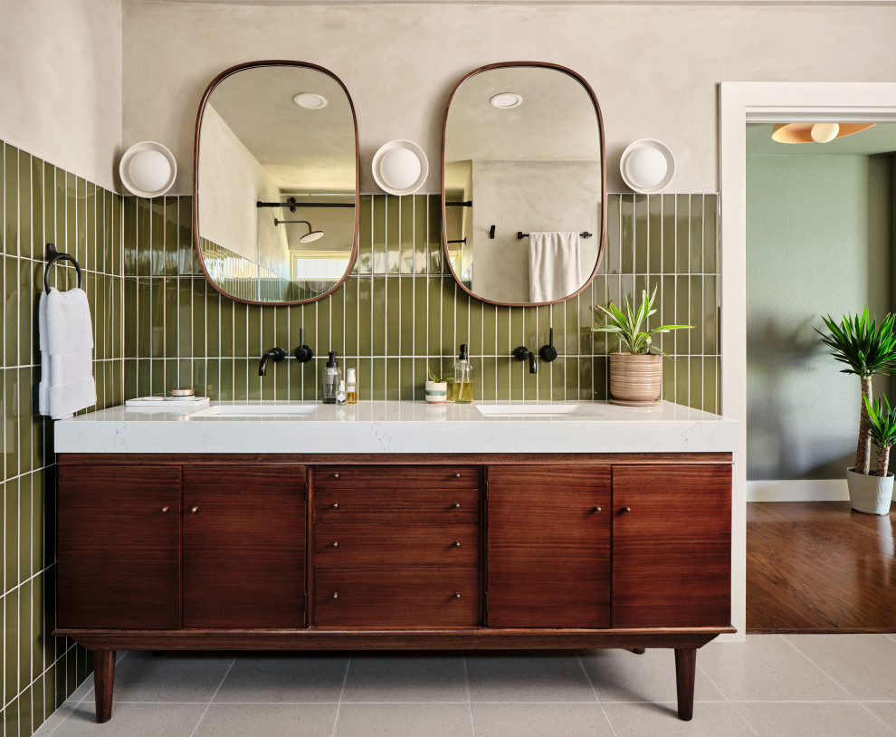 Mid-Century Modern Bathroom with Double Vanity & Oval Mirrors