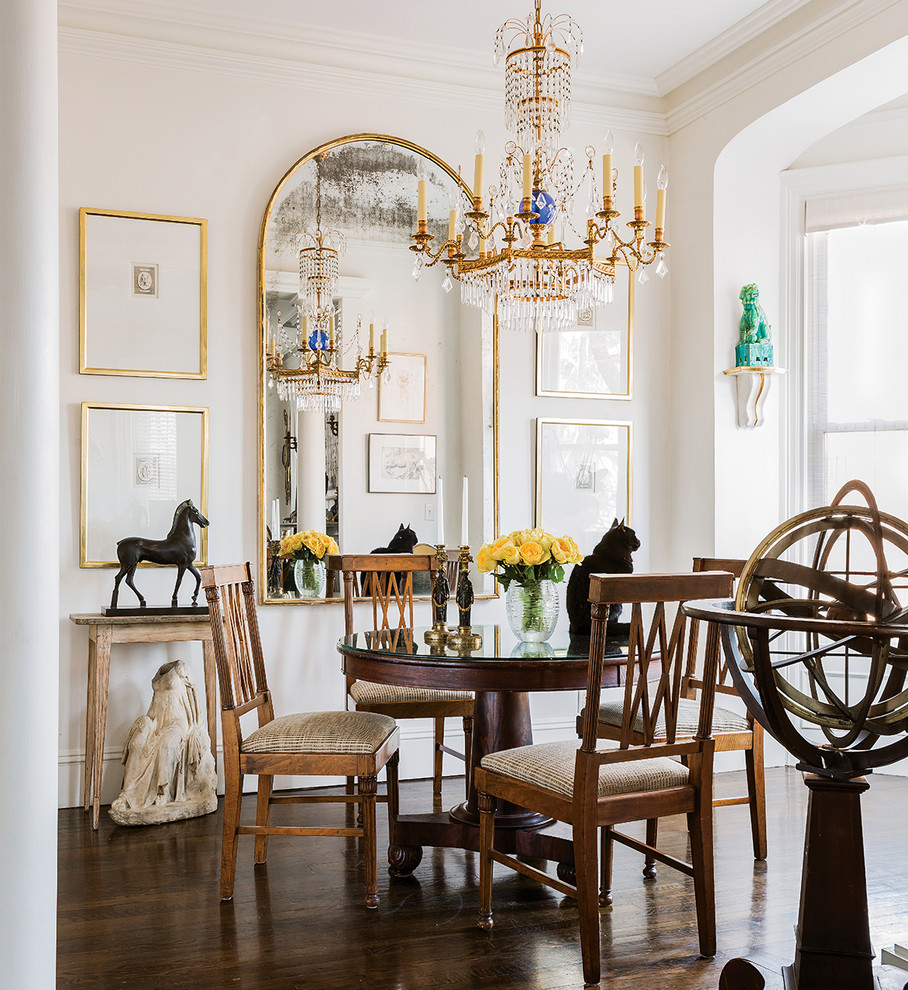 Traditional Dining Room with Crystal Chandelier & Gallery of Framed Art