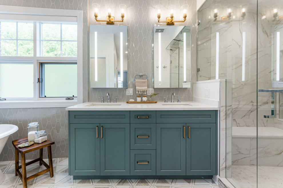 Sunlit Teal Vanity Contemporary Bathroom with Glass Shower